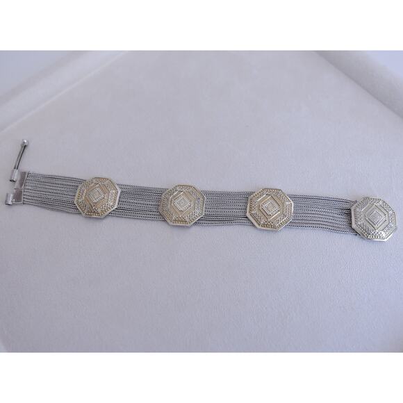 Vintage Sterling Silver 925 Multistrand Chain Bracelet Gold Accents Trombone 7" - Picture 1 of 7